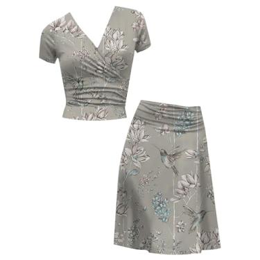 Imagem de Vestido feminino com decote em V, manga curta, estampado, casual, verão, algodão, camiseta, Caqui, G