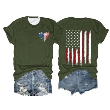 Imagem de Camiseta feminina com bandeira americana de manga curta patriótica 4 de julho gola redonda com estampa de coração engraçada casual roupas de verão, Verde militar, 3G