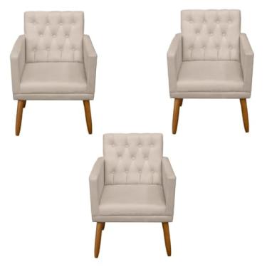 Imagem de Kit 3 Poltronas Capitone Decorativa para Sala de Estar Recepção Sala de Espera estofada pés palito madeira MOBLAN Decor (Bege)
