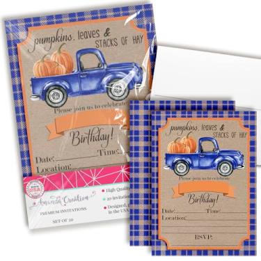 Imagem de Caminhonete azul em aquarela cheia de abóboras para festa de aniversário de outono e outono, 20 cartões de 12,7 x 17,7 cm Preencha com vinte envelopes brancos da AmandaCreation