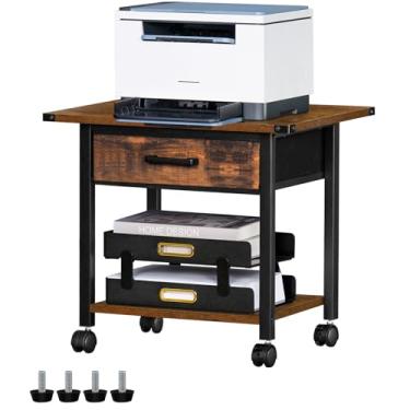 Imagem de Lerliuo Suporte para impressora rolante embaixo da mesa com gaveta, mesa de 2 camadas para impressora móvel industrial com prateleira de armazenamento e estrutura de aço, suporte de carrinho de