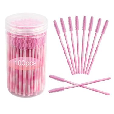 Imagem de 100 varinhas de rímel de silicone, varinha de rímel descartável, carretel de silicone rosa macio para extensões de cílios, mastro de dois tons com recipiente (rosa)