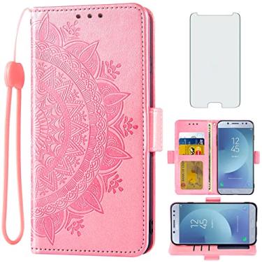 Imagem de Compatível com Samsung Galaxy J5 Pro 2017 J530 capa carteira de vidro temperado protetor de tela suporte de cartão de crédito flip alça para celular para celular Gaxaly J5pro SM J530F J530G ouro rosa