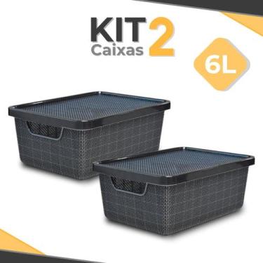 Imagem de Kit 2 Caixa Organizadora 16 Litros Preta C/ Tampa Alça Cesto Telado Gr