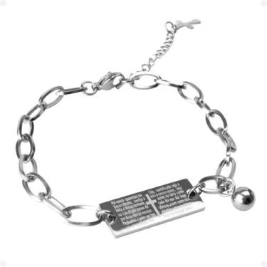 Imagem de pulseira masculina prata aço inoxidável + pingente pai nosso religião 