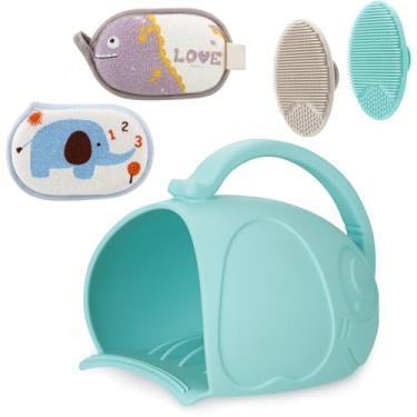 Imagem de PandaEar Copo de enxágue para banho de bebê, enxaguante de silicone para xampu com 2 esponjas de banho infantis e 2 escovas de banho para bebês, lavagem corporal infantil, azul