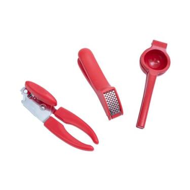 Imagem de Kit abridor de lata espremedor alho e limão vermelho  Oikos, U, UNICA