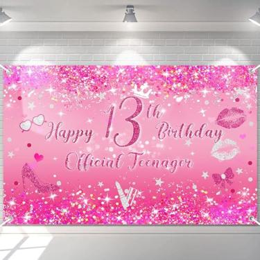 Imagem de Avezano Pano de fundo de aniversário de 13 anos para meninas rosa choque flash feliz 13º aniversário decorações banner oficial adolescente 13 anos de idade aniversário fotografia fundo