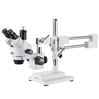 Imagem de AmScope Microscópio de zoom estéreo trinocular profissional SM-4T, oculares WH10x, ampliação 7X-45X, objetiva de zoom de 0,7X-4,5X, iluminação ambiente, suporte de braço duplo