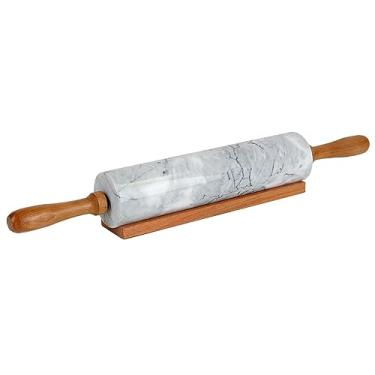 Imagem de Home Basics Rolo de massa de pedra de mármore CRA branco com cabos de madeira de fácil aderência e suporte de exibição de madeira – pesado e sólido para assar donuts e biscoitos