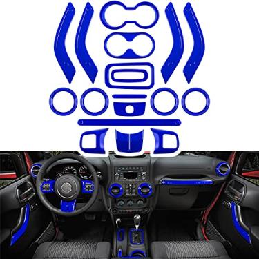 Imagem de Conjunto completo de 18 peças para decoração de interiores Kit de guarnição de decoração de volante, console central, maçaneta de porta de ar condicionado, suporte de copo de ventilação para Jeep Wrangler JK JKU 2011-2018 4 portas (azul)