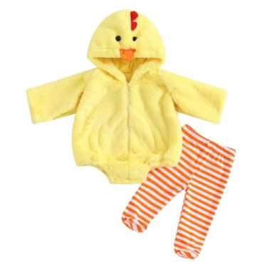 Imagem de Adobabirl Fantasia de Halloween para bebês meninas e meninos em forma de pintinho de pelúcia manga comprida moletom com capuz calça listrada roupas fofas (fantasias de pintinho amarelo, 6 a 12 meses)