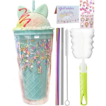 Imagem de seelucky Copo de viagem de unicórnio com canudo chocolate copo de bebida de gelo caneca de café de leite copo de plástico para festa de piquenique presente de aniversário (gato fofo azul 8, 450 ml)