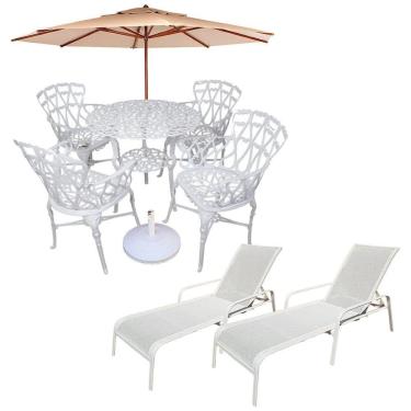 Imagem de Conjunto Com Mesa Ripada + 4 Cadeiras De Jardim E Piscina + Ombrelone Com Base Bege