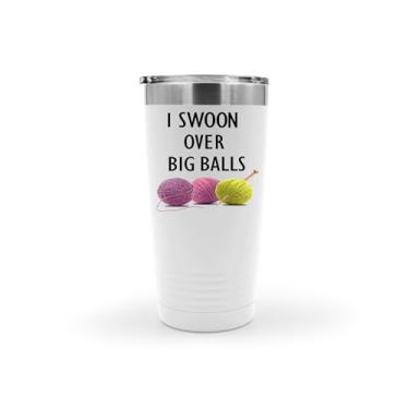 Imagem de SpreadPassion Copo de tricô, presente de tricô, I swoon over big balls Copo de aço inoxidável de tricô, copo isolado de 590 ml, ideia de presente de aniversário de Natal (branco)