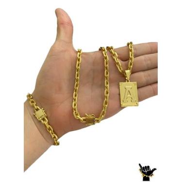 Imagem de Corrente Cadeado 6mm + Pulseira + Pingente - Banhado a Ouro - ToJoia18