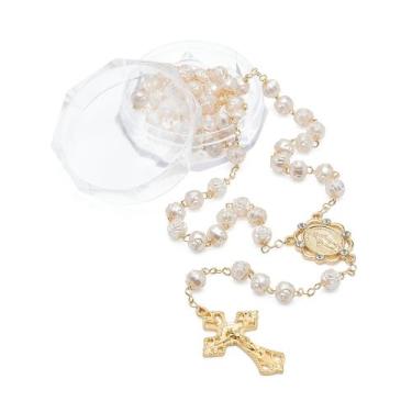 Imagem de Terço Perola Botão de Rosas Dourado 8 mm - Santa Clara