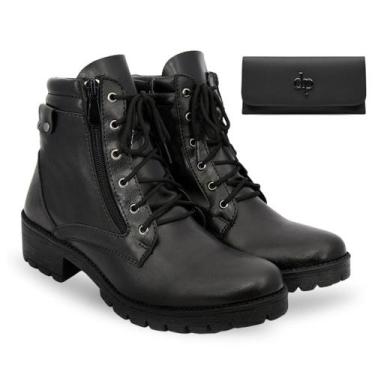 Imagem de Kit Coturno Feminino Tratorado Bota Feminina Preta Zíper Lateral Cano 