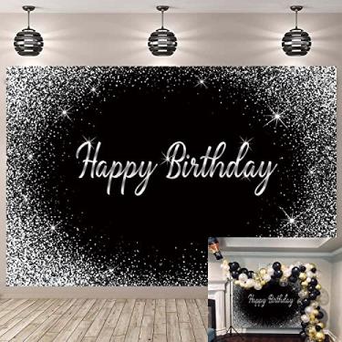 Imagem de Fundo de Feliz Aniversário Preto Glitter Ponto de Prata Fundo Fotografia Decoração de Festa de Aniversário Banner Mesa de Bolo Mesa de Sobremesa Suprimentos para Fotos (20 x 18 cm)