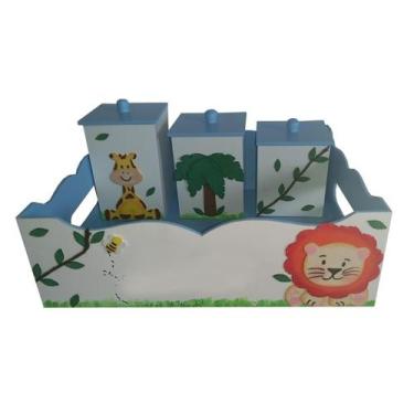 Imagem de Kit Higiene Bebê MDF 4 Peças Cesta Organizadora Safári Bichinhos da Fl