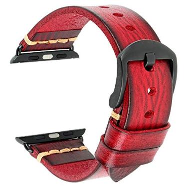 Imagem de Pulseiras de couro compatíveis com Apple Watch Straps 44 mm 42 mm 38 mm 40 mm, Rezero pulseira de couro genuíno de substituição para iWatch Series 5 Série 4/3/2/1, homens e mulheres, 42mm/44mm, Red+Black Buckle