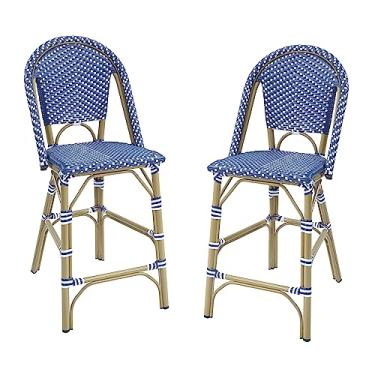Imagem de 247SHOPATHOME Conjunto de 2 poltronas de vime de alumínio francês Anna-Lise para todas as condições climáticas para cozinha ao ar livre, pátio, área de piscina, azul escuro e branco