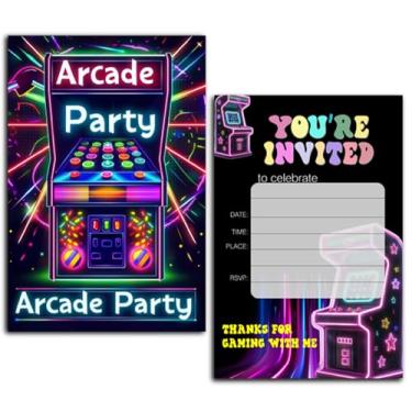 Imagem de XIAOPNN Convite de festa de aniversário da Arcade Games para meninos, festa neon fliperama, 30 cartas com 30 envelopes, 12 x 17 cm.