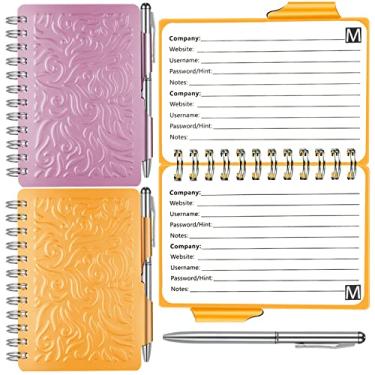 Imagem de Caderno organizador de senhas portátil com 2 peças, elegante, com estampa de mandala e caneta, caderno encadernado em espiral para informações de senha (roxo, laranja)