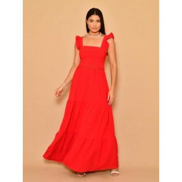 Imagem de Vestido longo luxo duna lisa com babada na manga renda na cintura 1943