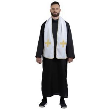Imagem de Fantasia Padre Adulto Festa Carnaval Halloween - HNG, Preto Com Branco