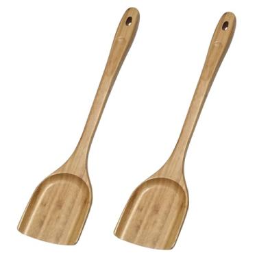 Imagem de GEEKHOM Espátulas de bambu para panelas antiaderentes, utensílios de cozinha de madeira de 33 cm, pacote com 2 espátulas planas de madeira para cozinhar, mexer, flipper para panqueca, peixe, ovo