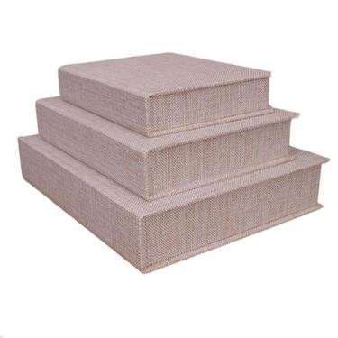 Imagem de Kit 3 Caixa Livro Falso MDF TECIDO JUTA BEGE Decorativa Porta Objeto E