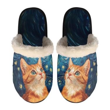 Imagem de GOSTONG Pantufas femininas confortáveis de pelúcia macia felpuda leve para uso interno antiderrapante para o inverno quente chinelos fofos, Gato lua estrelado, Medium