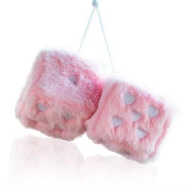 Imagem de Par de dados coloridos de pelúcia bordados com coração de 7,6 cm, enfeites de pelúcia macios para decoração de carro, acessórios vintage decorativos de carro para decoração de espelho retrovisor de