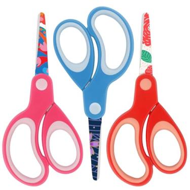 Imagem de Asdirne Tesoura Infantil Esquerda, Tesoura De Segurança Infantil, Tesoura De Artesanato Com Ponta Romba, Lâminas Com Padrão, Ótima Para Casa E Escola, Cores Sortidas, 13,5 Cm, Pacote Com 3