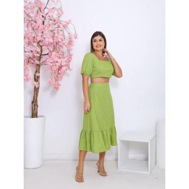 Imagem de Conjunto Feminino Linho Premium Saia Midi e Blusa Manga Bufante Fashio