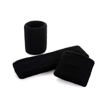Imagem de Conjunto de pulseiras esportivas pretas ultra confortáveis para corrida, tênis, basquete masculino e feminino - 1 pulseira de algodão e 2 pulseiras - para alto treinamento