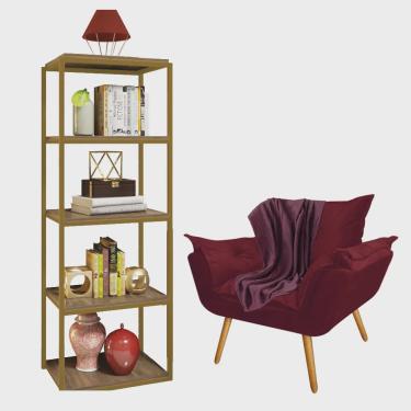 Imagem de Kit Poltrona Fatte com Manta Soft Bordô e Estante Livreiro Ferro Dourado mdf Rústico Su...