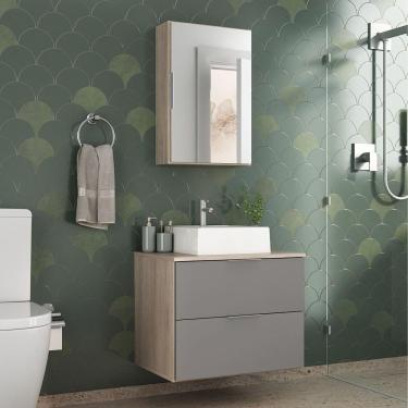 Imagem de Conjunto Gabinete Banheiro Rubi 60cm Gabinete + Cuba + Espelheira Madeirado Cinza