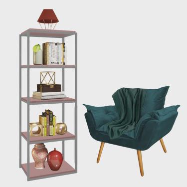 Imagem de Kit Poltrona Fatte com Manta Soft Verde e Estante Livreiro Ferro Cinza mdf Rose Suede Azul Turquesa - Ahazzo Móveis