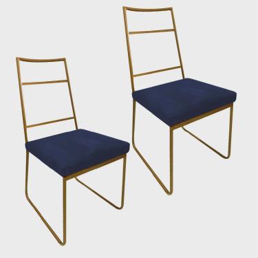 Imagem de Kit 02 Cadeiras Sala de Jantar Escritório Office Stark Industrial Ferro Dourado Suede Azul Marinho - Ahz Móveis