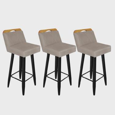 Imagem de Kit 03 Banqueta Alta c/ Encosto Lith Para Cozinha Bar Balcão Bistrô Pé Palito Preto Corino Bege - Ahz Móveis