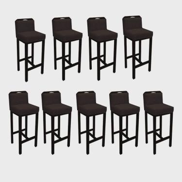Imagem de Kit 09 Banqueta Alta Com Encosto Simon Cozinha Balcão Bistrô Base Madeira Preto Corino Marrom - Ahz Móveis