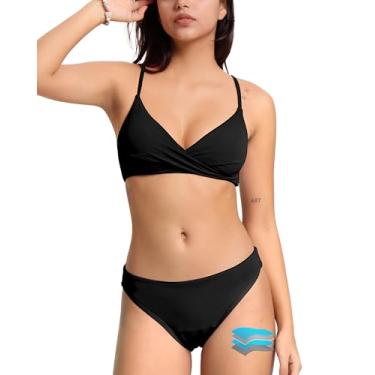 Imagem de Beautikini Conjunto de biquíni menstrual à prova de vazamento menstrual de duas peças com gola V e gola V para meninas adolescentes, Preto, M