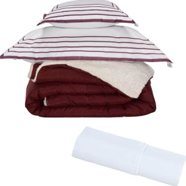 Imagem de Kit 4PCS Cobertor Edredom Sherpa Lã Carneiro Dupla Face 400 Fios (Vermelho Marsalla, Solteiro)