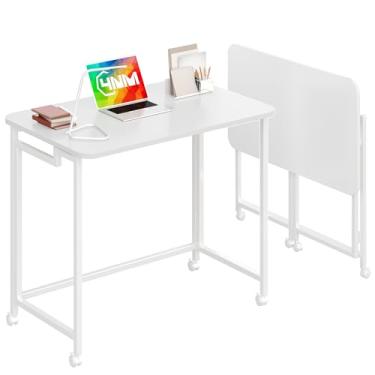 Imagem de 4NM Mesa móvel pequena de 69,8 cm para computador, mesa dobrável para laptop com rodas, mesa de escritório portátil para sofá-cama pequena - toda branca