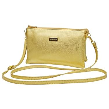 Imagem de Bolsa Transversal Feminina Dourada Pequena Metalizada Couro Legítimo com Zíper Bolsas Femininas Pequenas Alça Comprida Crossbody Madamix