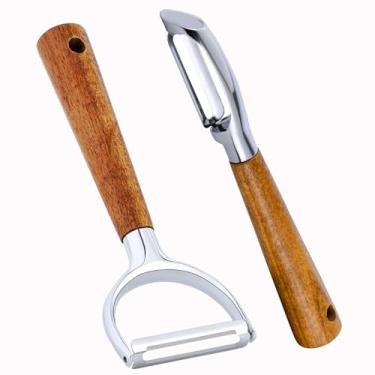 Imagem de Descascador de legumes para cozinha, batata, maçã, frutas, cenoura, vegetais, em forma de Y e aço inoxidável em forma de I com cabo ergonômico antiderrapante de madeira de acácia e lâmina afiada (2