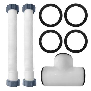 Imagem de Kit de mangueira de bomba de filtro de areia para piscina de 40,6 cm (2 mangueiras + junta em T + 4 arruelas) - Mangueira resistente à água salgada para piscinas acima do solo, compatível com sistemas