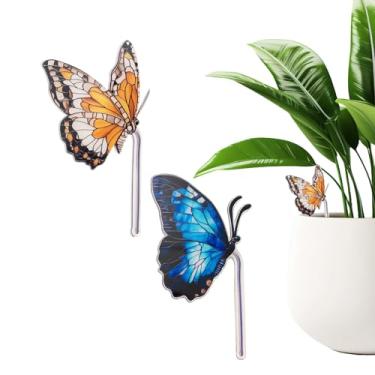 Imagem de GTUDOR Decoração de vaso de flores, 2 peças de acrílico 2D borboleta para abraçar, enfeite de estaca de jardim de borboleta manchada de 11 cm para decoração de pátio interno